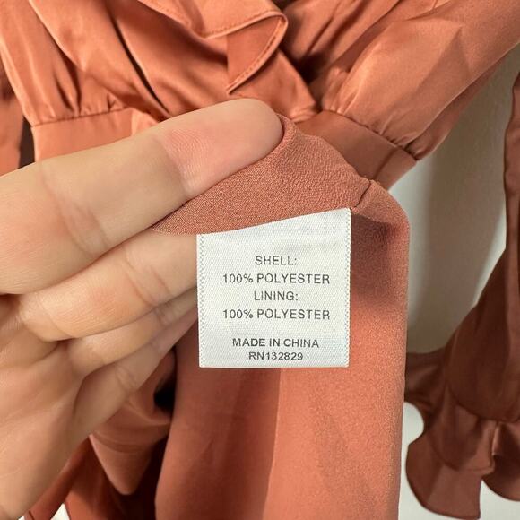 Majorelle X Revolve Dress Nelly Ruffle Surplice Shirred Mini Terracotta Brown S - Picture 8 of 10